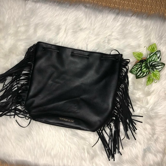 Victoria’s Secret - Black Faux Leather Fringe Drawstring Backpack - Picture 2 of 5
